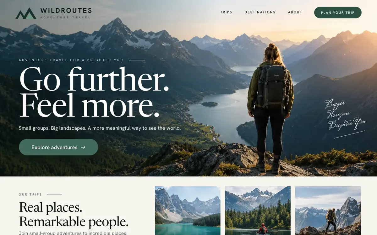 Adventure Travel home page on desktop