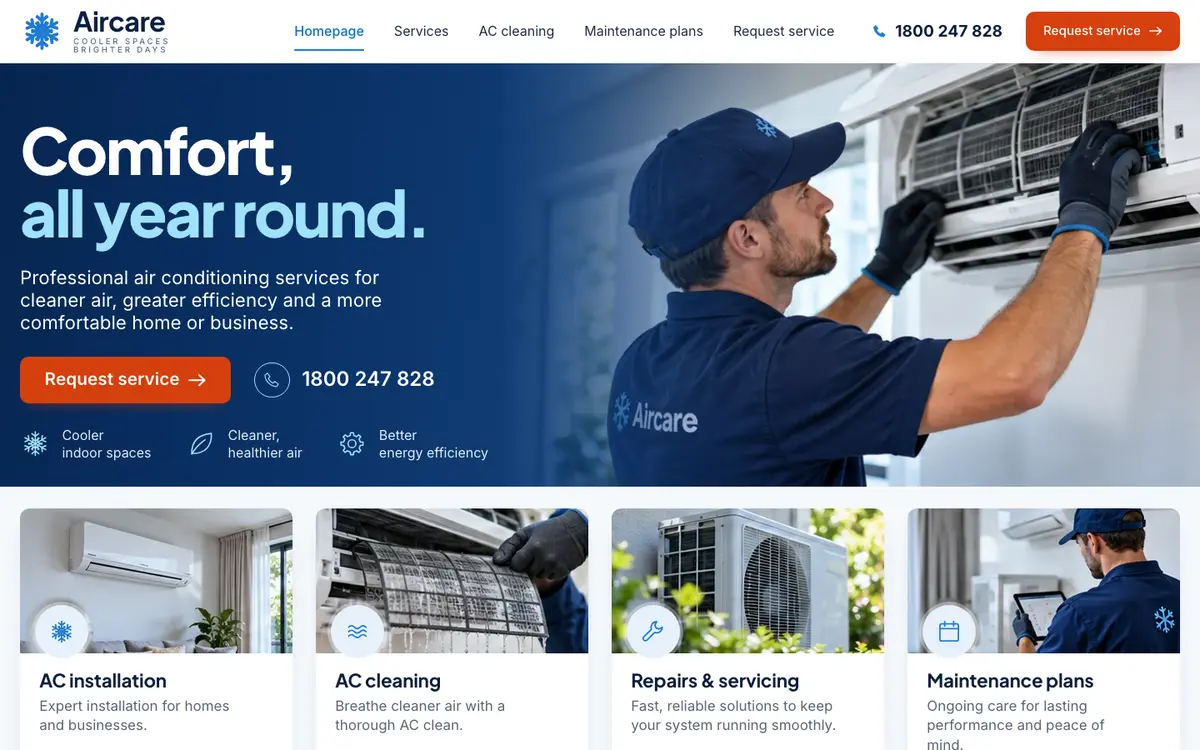 Aircare home page on desktop