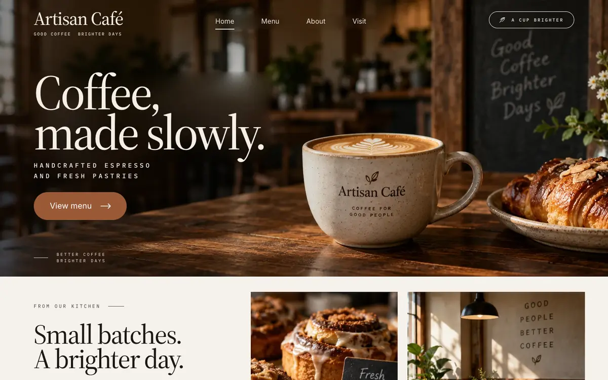 Artisan Café home page on desktop