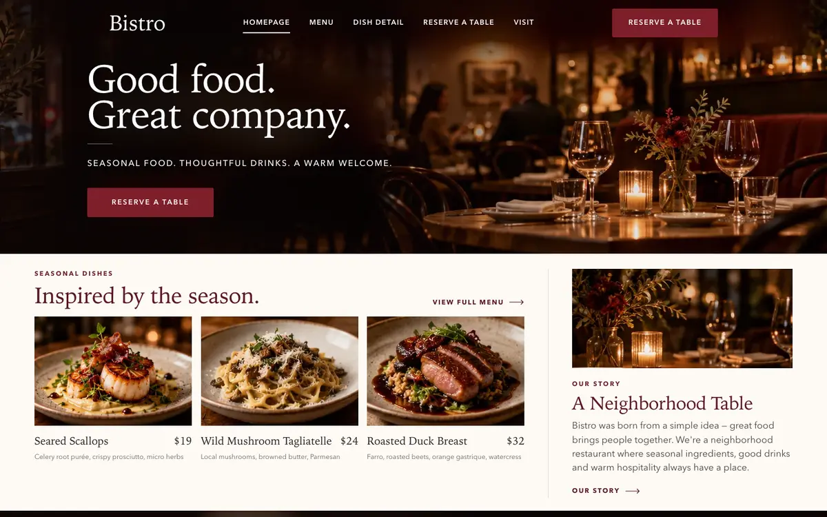 Bistro Editorial home page on desktop
