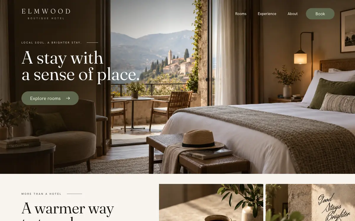 Boutique Hotel home page on desktop