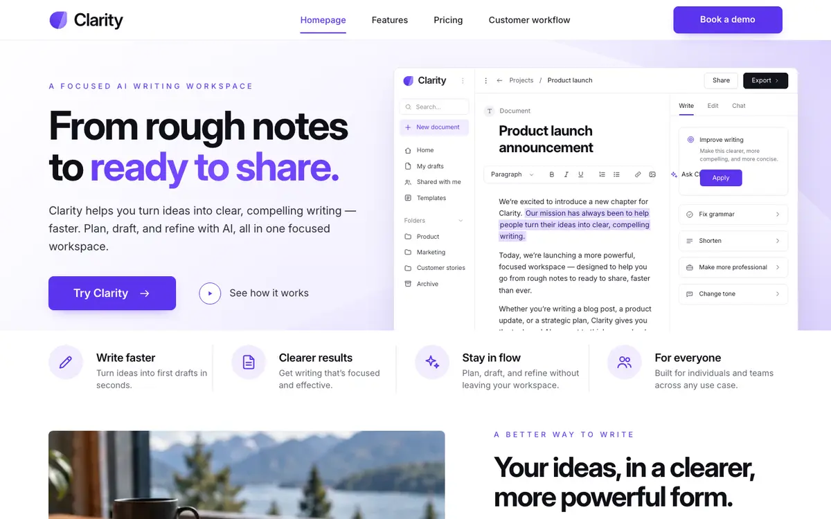 Clarity home page on desktop