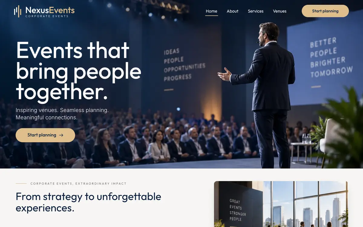 Corporate Events home page on desktop