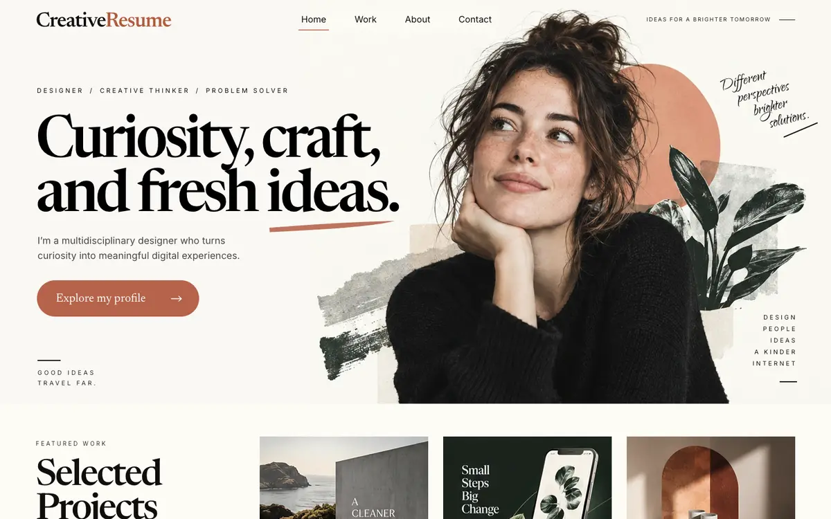 Creative Resume home page on desktop