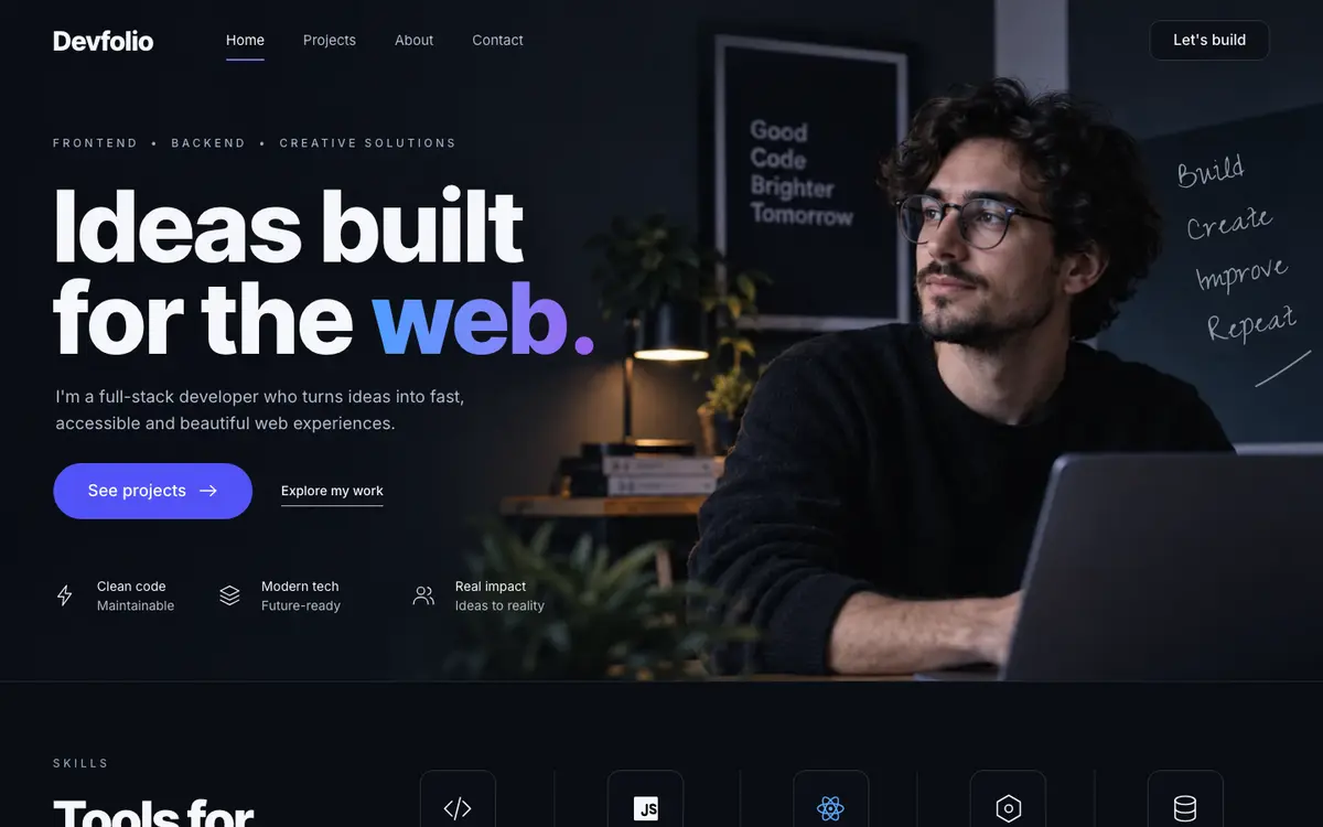 Developer Portfolio home page on desktop