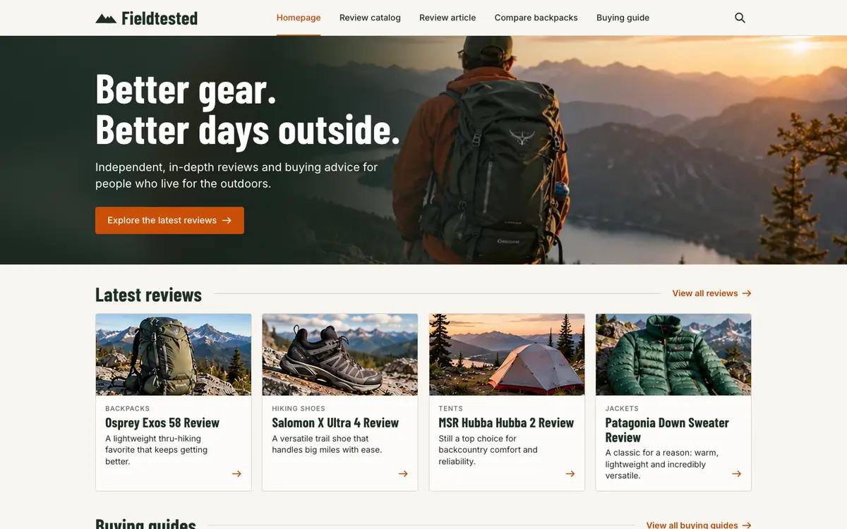 Fieldtested home page on desktop