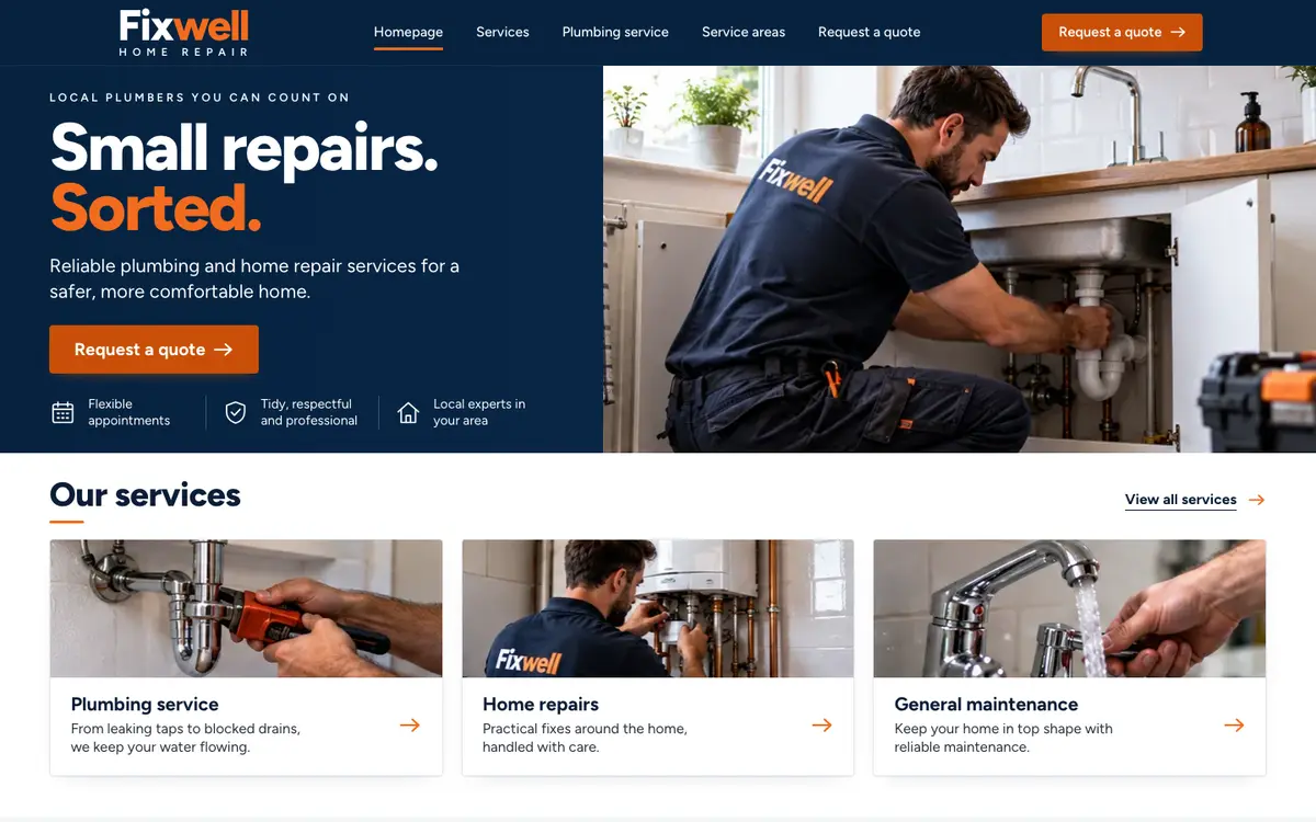 Fixwell home page on desktop