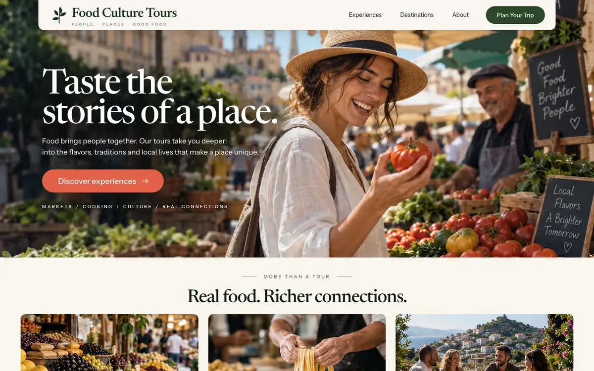 Food Culture Tours home page on desktop