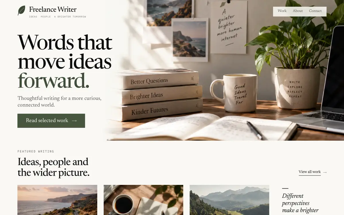 Freelance Writer home page on desktop