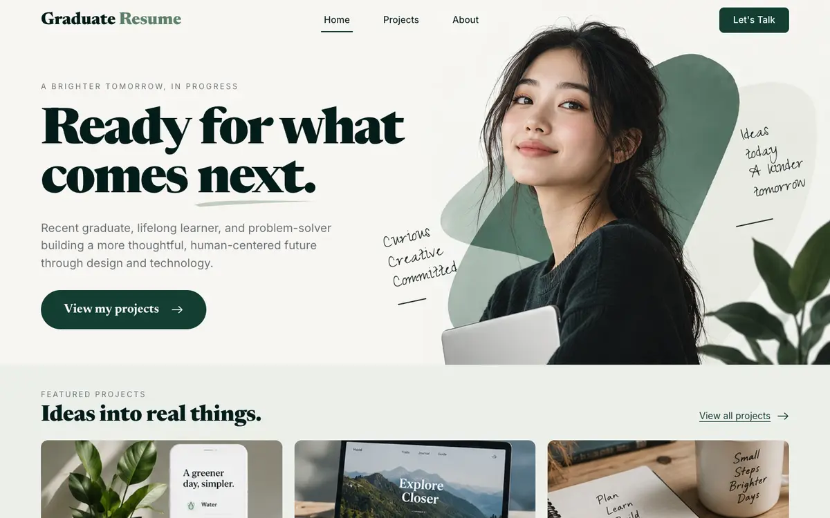 Graduate Resume home page on desktop
