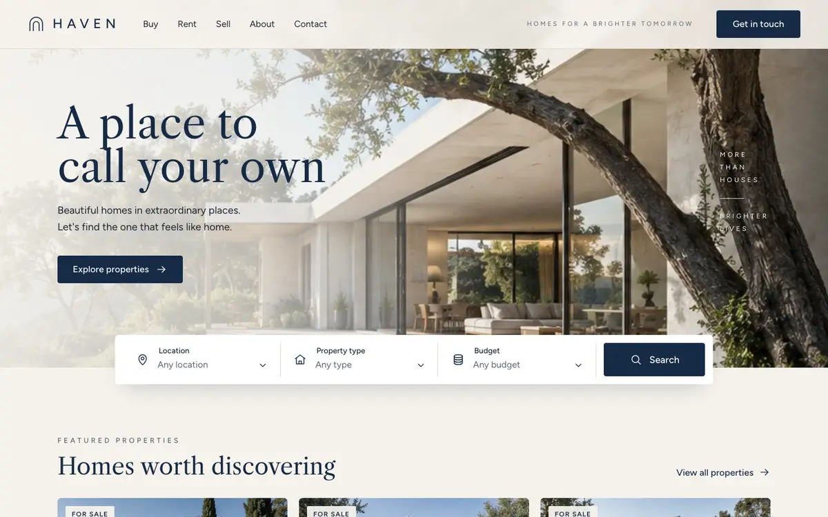 Haven home page on desktop