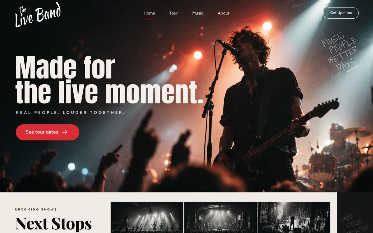 Live Band home page on desktop