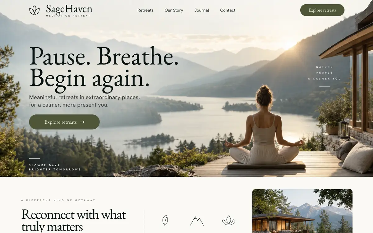 Meditation Retreat home page on desktop