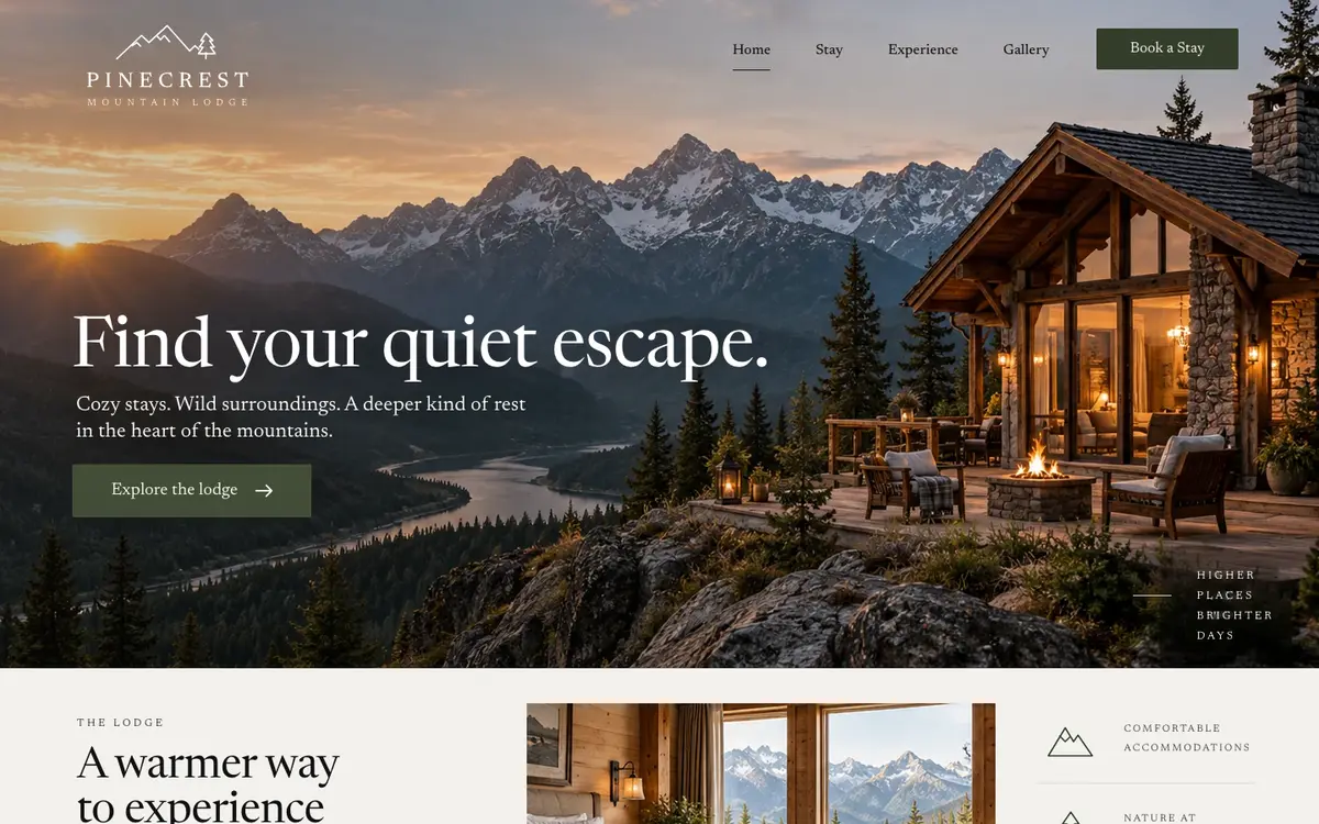 Mountain Lodge home page on desktop