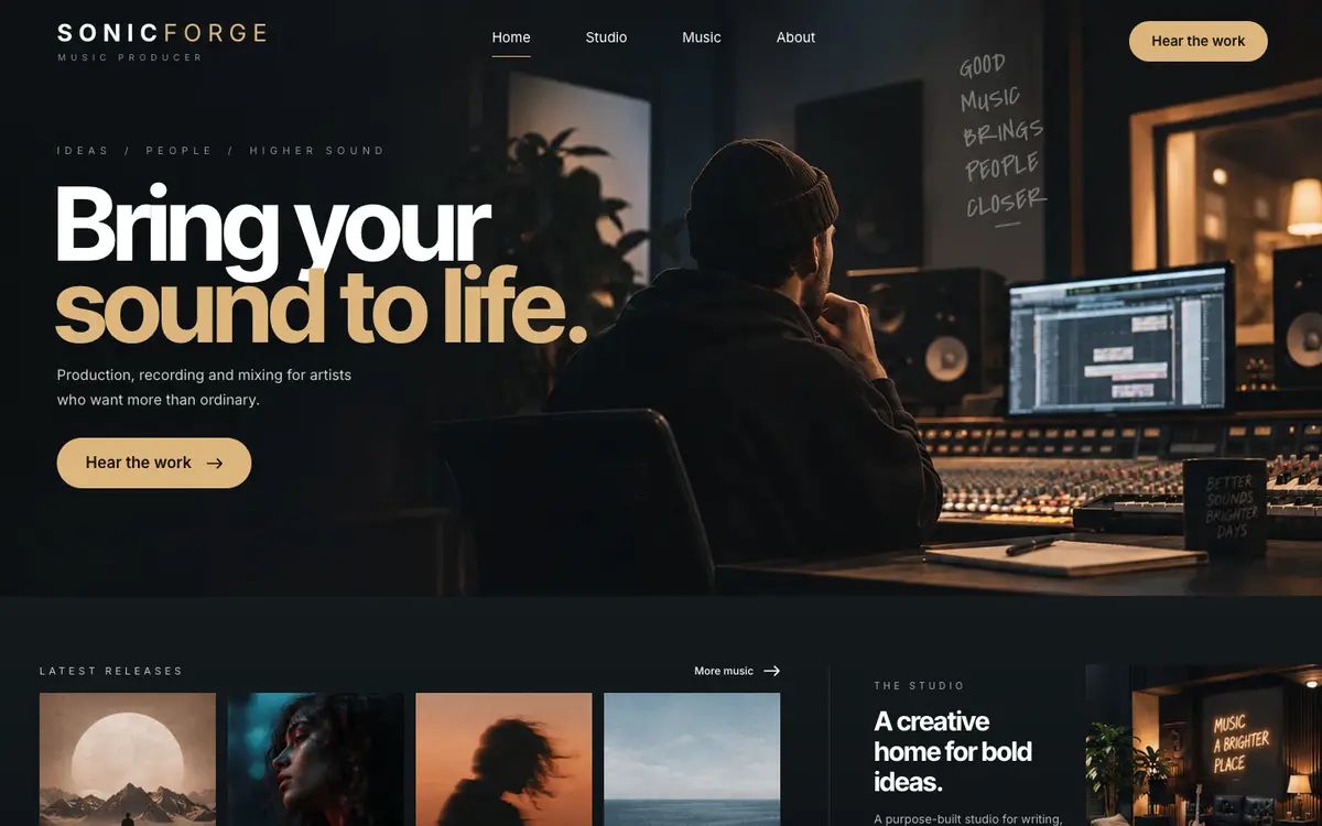 Music Producer home page on desktop
