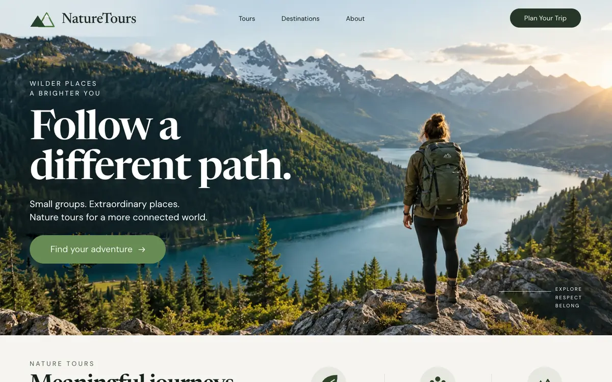 Nature Tours home page on desktop