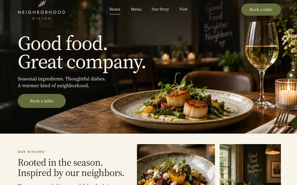 Neighborhood Bistro home page on desktop