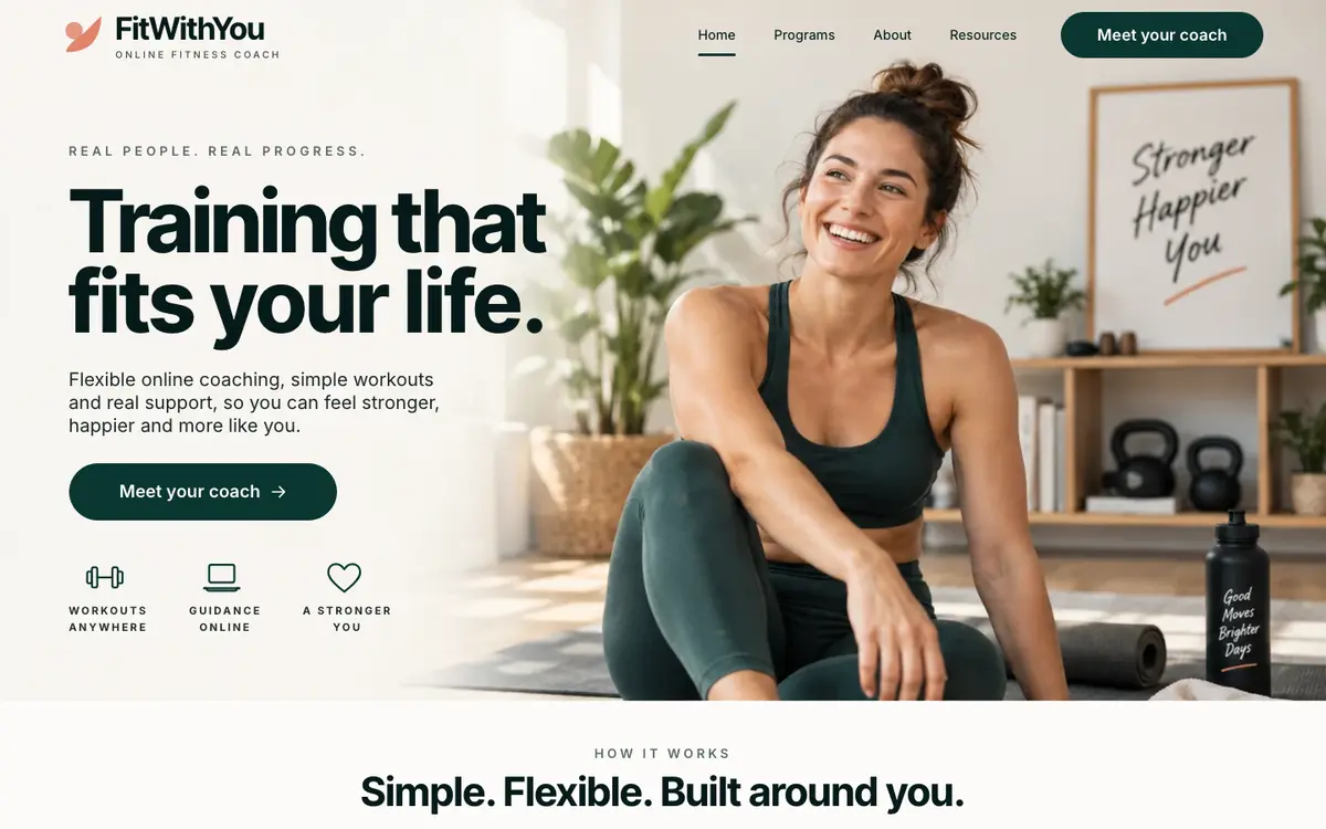 Online Fitness Coach home page on desktop