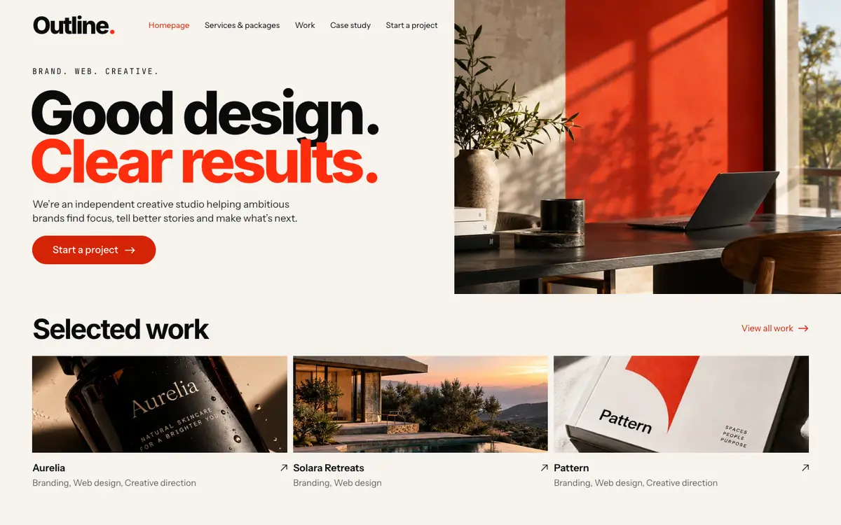 Outline home page on desktop