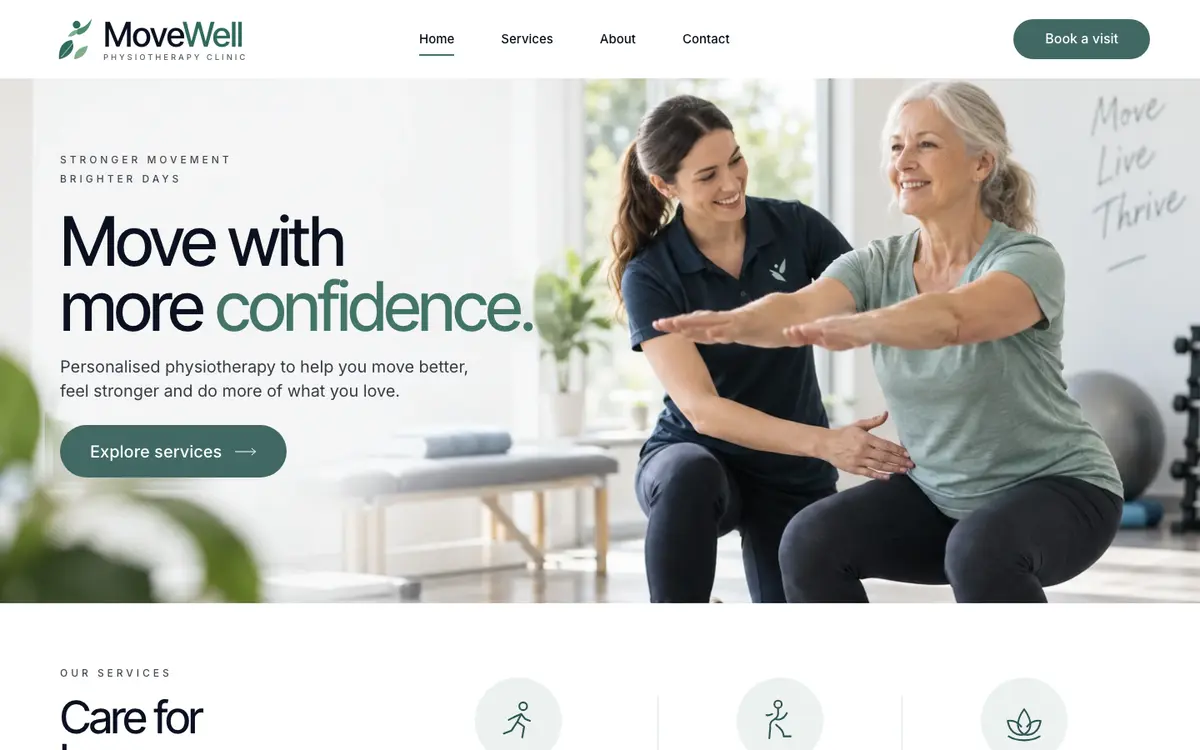 Physiotherapy Clinic home page on desktop