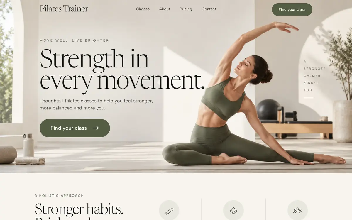 Pilates Trainer home page on desktop