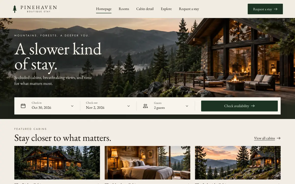 Pinehaven home page on desktop