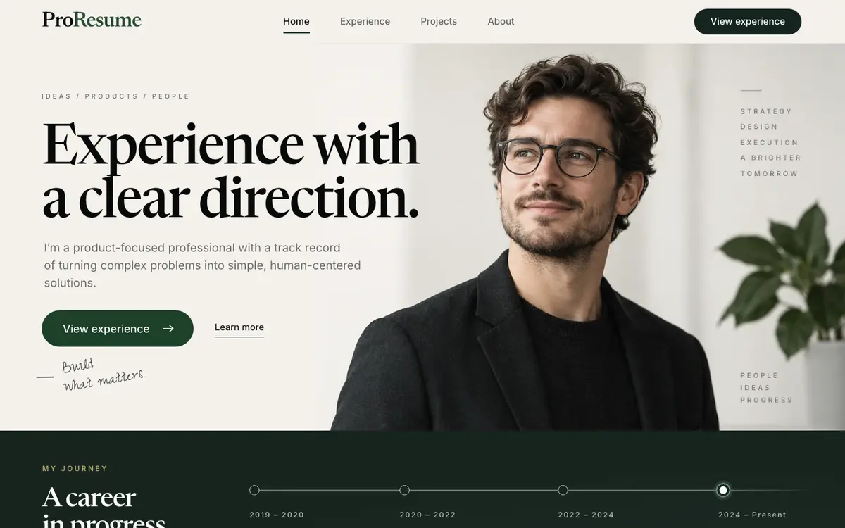 Professional Resume home page on desktop