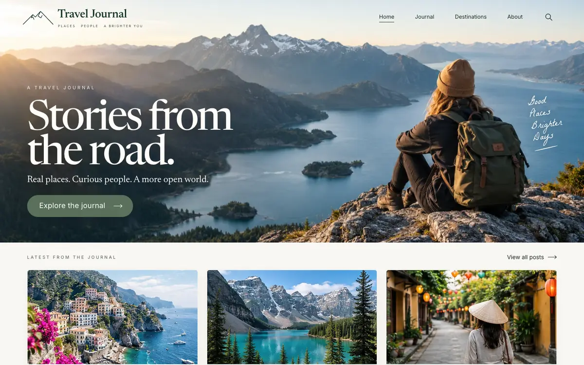 Travel Journal home page on desktop