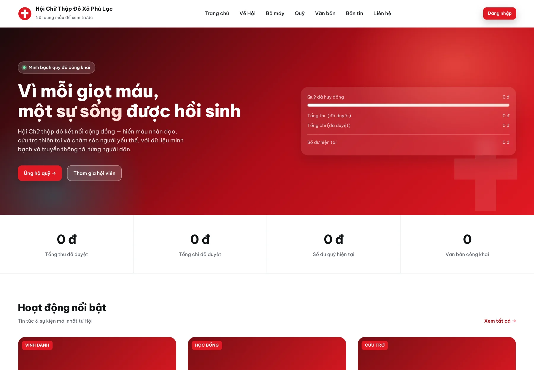 Local Red Cross theme homepage captured with synthetic Vietnamese sample content; not a live chapter