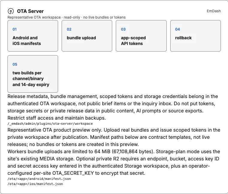 Screenshot of the illustrative OTA Server read-only workspace preview; no live bundles or tokens